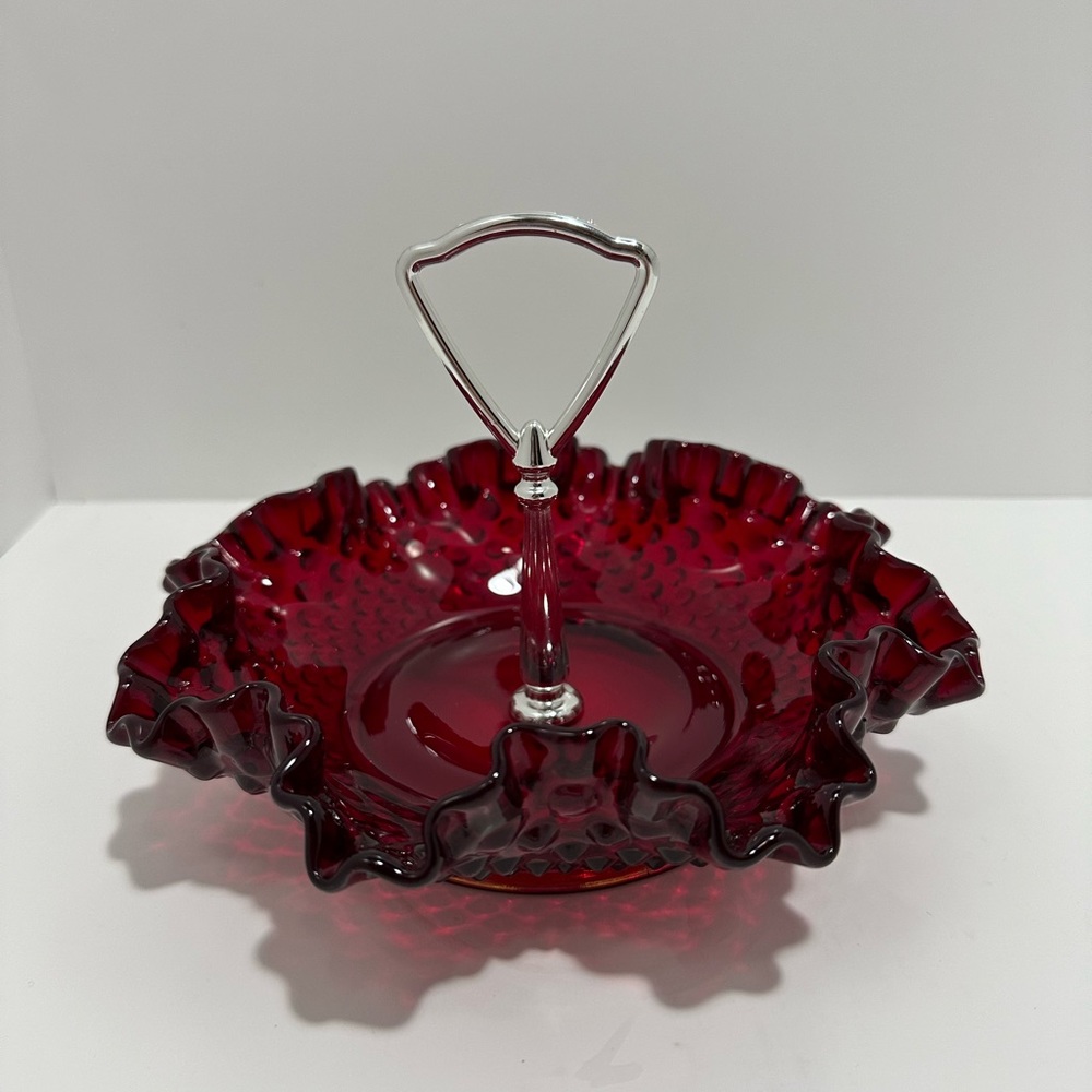 Fenton Ruby Red Hobnail Candy Dish With Silver Tone Handle Ruffled Rim